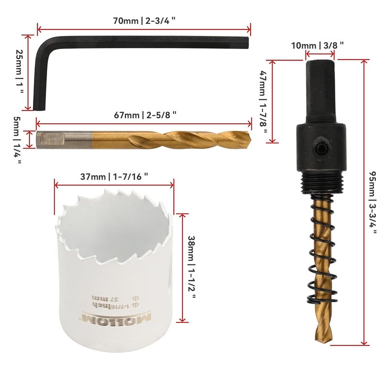 Mollom (37mm | 1-7/16") HSS M42 with 8% Cobalt BI-Metal Hole Saw with 2 Pilot Drill Bits & Arbor Smooth Cutting for PVC,Drywall,Wood,Plastic,Gypsum Board,Rubber - Image 2